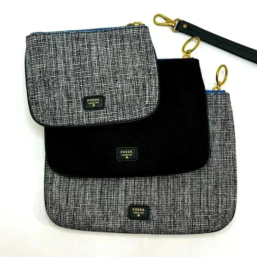 NEW FOSSIL 3 PC IVY‎ TRIPLE BLACK+GRAY CANVAS ZIP CLUTCH,WRISTLET,BAG,PURSE BLUE